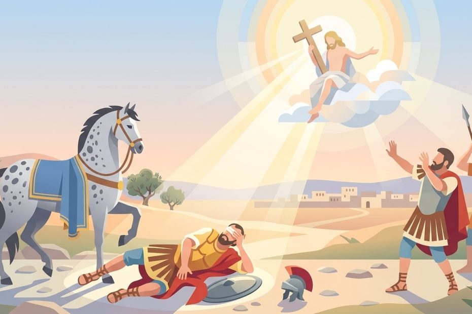 Die Bekehrung des Apostels Paulus Quelle der Hoffnung - ein Mann am Boden neben einem stilisierten Pferd geblendet von einem himmlischen Strahl
